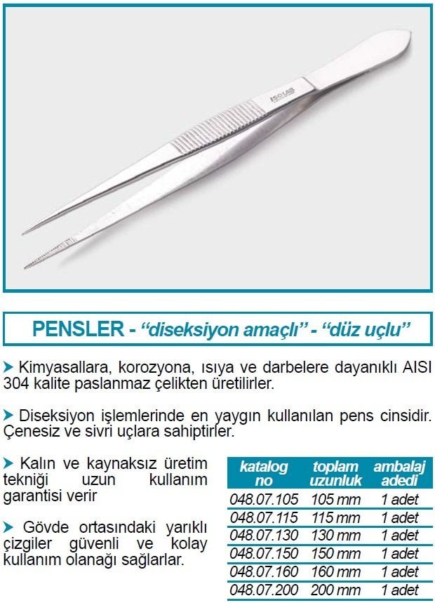 İSOLAB 048.07.105 pens diseksiyon sivri düz